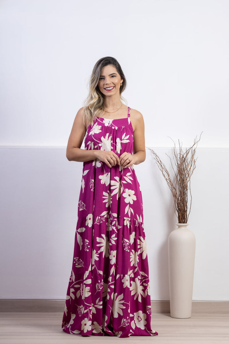 Vestido Feminino Longo Estampado Decote Reto