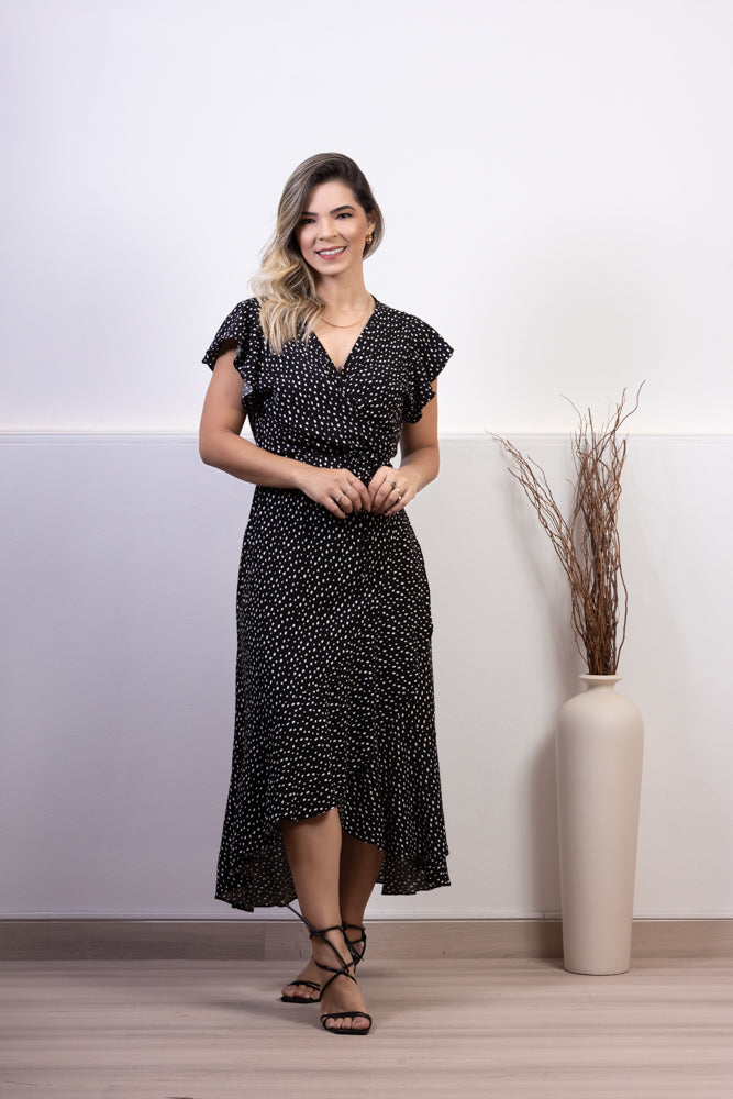 Vestido Feminino Midi Transpassado Poá