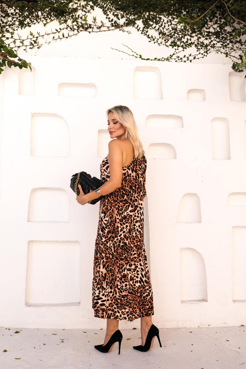 Vestido Longo Manga Única Animal Print Onça